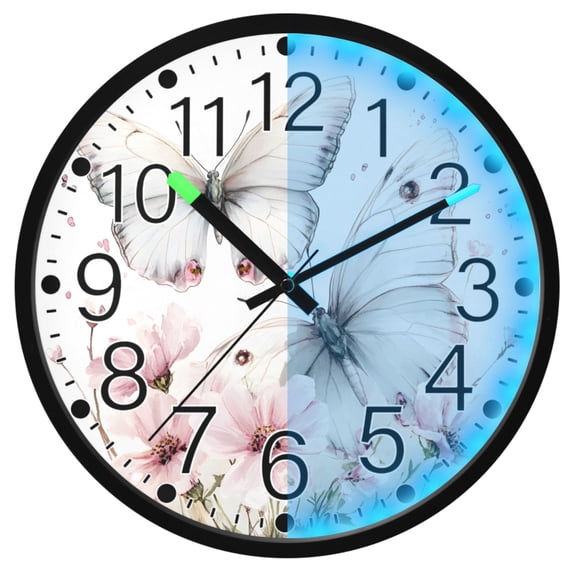 Ryvnso Watercolor Butterflies Flower 12 Inch Night Light Wall Clock Silent Battery Operated Luminous Clocks
