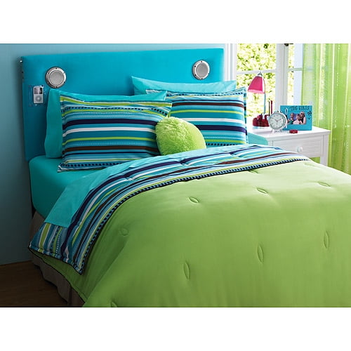your zone reversible comforter & sham set, teal/dotted stripe