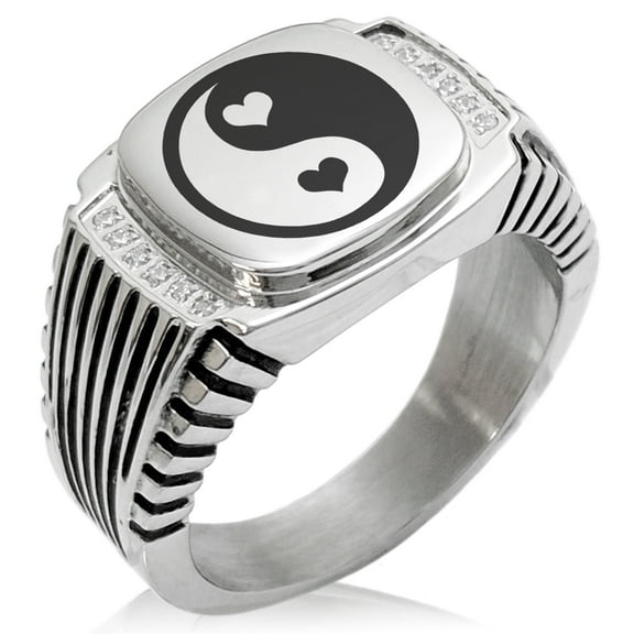 Stainless Steel Love Heart Yin Yang CZ Ribbed Needle Stripe Pattern Biker Style Polished Ring