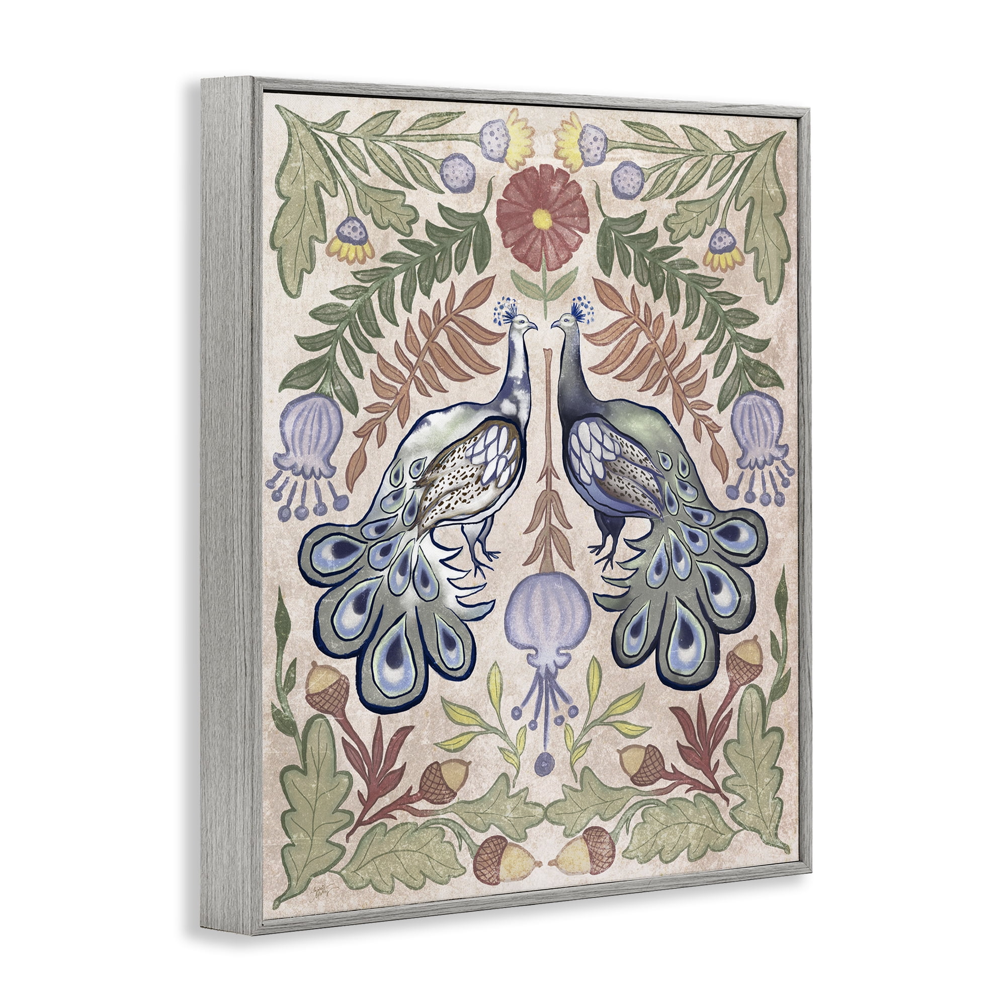 Stupell Industries Symmetrical Peacock & Flower Pattern Gray Framed Giclee Art, design by Elizabeth Medley