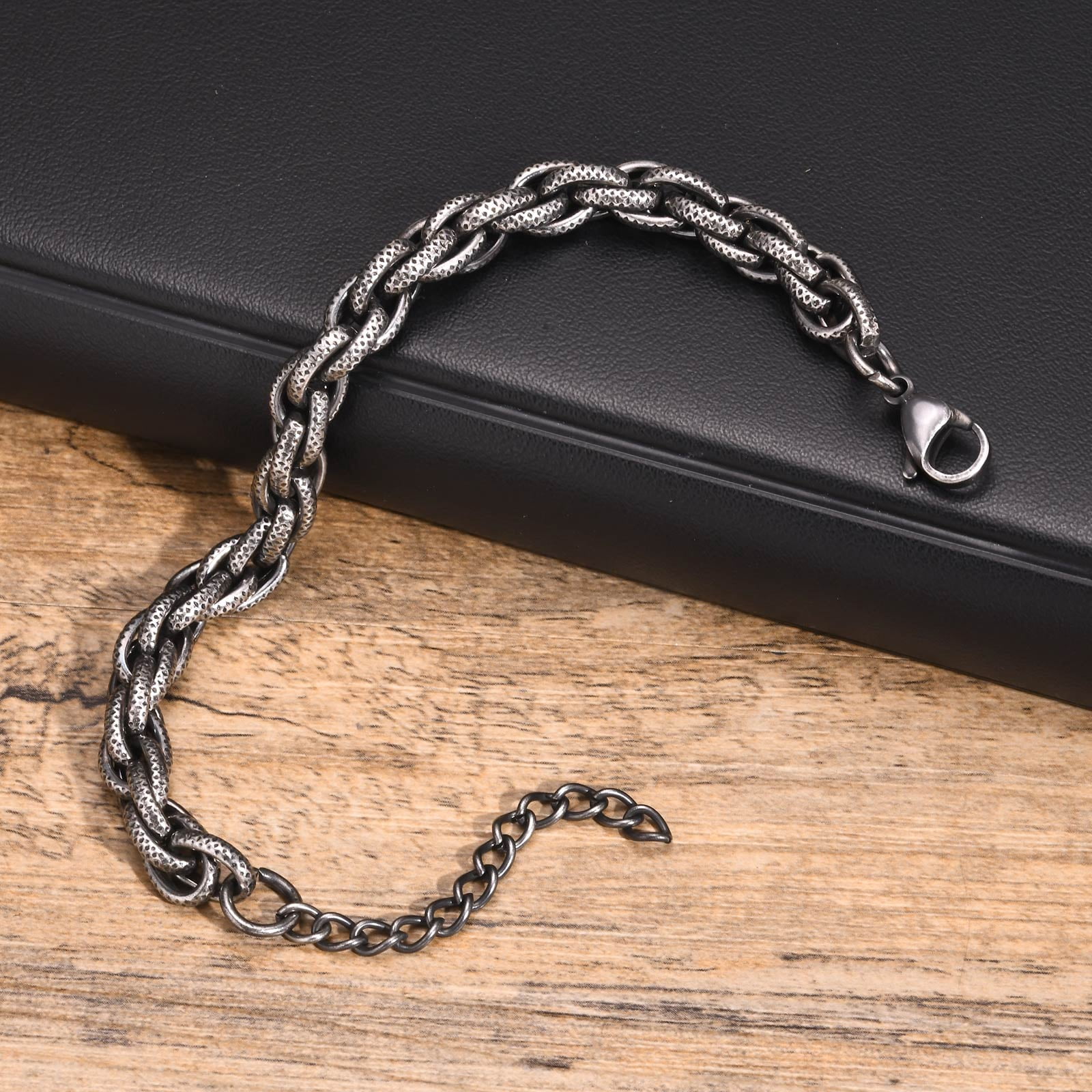 Vintage Handmade Chain Bracelets for Men Boys,8mm Width 14K White Gold Link Wristband,Punk Rock Jewelry Gift for Him