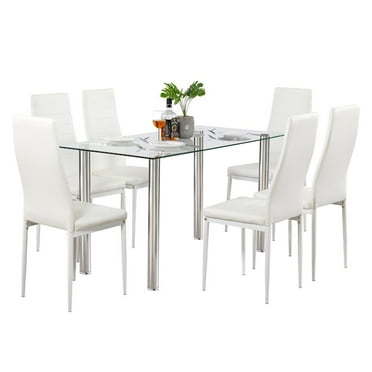 UBesGoo 7 Piece Dining Table Set,Glass Top Rectangular Dining Table and 6 Side Metal Chairs