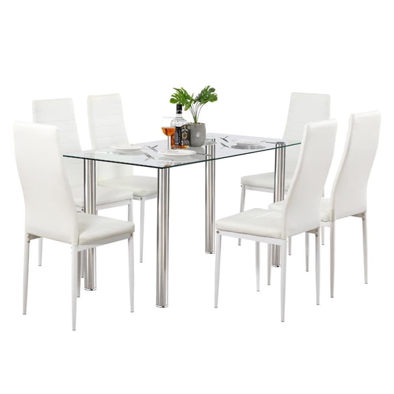 UBesGoo 7 Piece Dining Table Set,Glass Top Rectangular Dining Table and 6 Side Metal Chairs