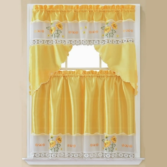 Sally Textile Inc Yellow Embroidered Rod Pocket Kitchen Swag Valance Curtain, 60 x 36 in