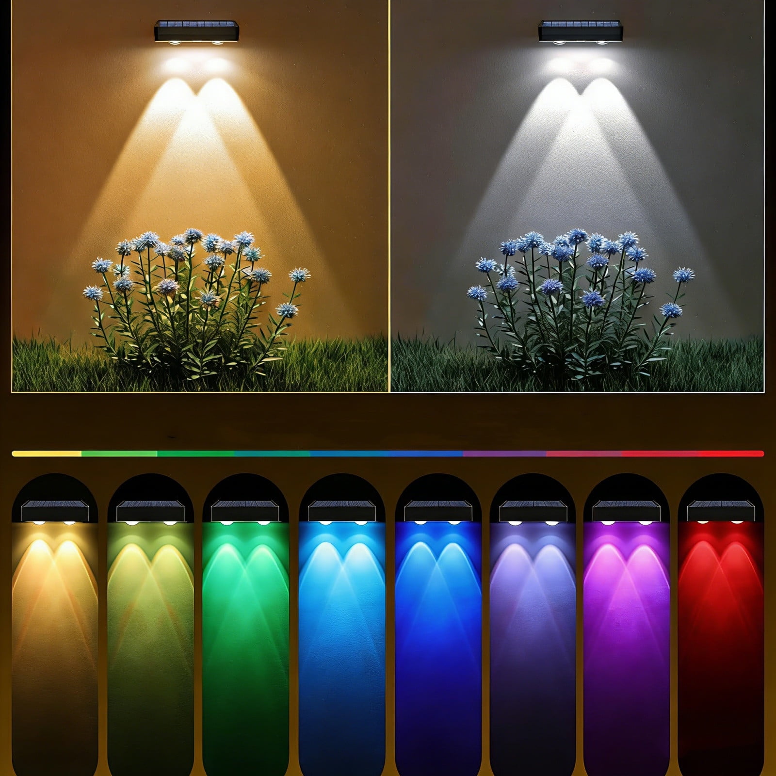 Solar Powered RGB Color Changing Outdoor Wall Light 3.9x1.5 Inch IP65 Waterproof LED Spotlight Easy Install for Garden Fence Patio Pathway Steps Multicolor Decorative Lighting