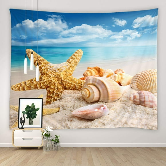 JOOCAR Blue Ocean Tapestry Summer Beach Starfish Shell Conch Natural Hawaii Scenery Holiday Theme Exotic Wall Decoration, Polyester Fabric Wall Hanging Decoration Living Room Bedroom Home Decor
