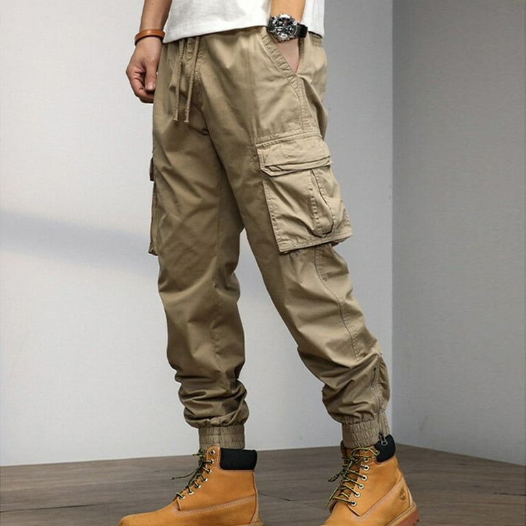 Entyinea Big Boys Cargo Pants Casual Work Walking Combat Cargo Multi Pocket Pants Long Trousers Khaki XXL