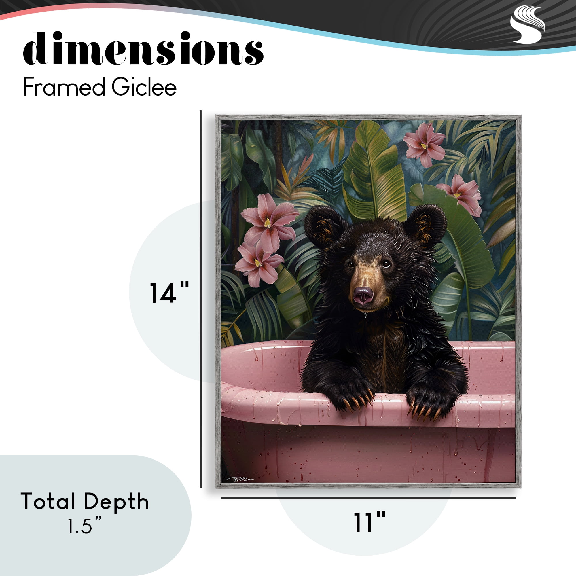 Bruno Bear in Pink Tub Gray Framed Giclee Art, design by Momart