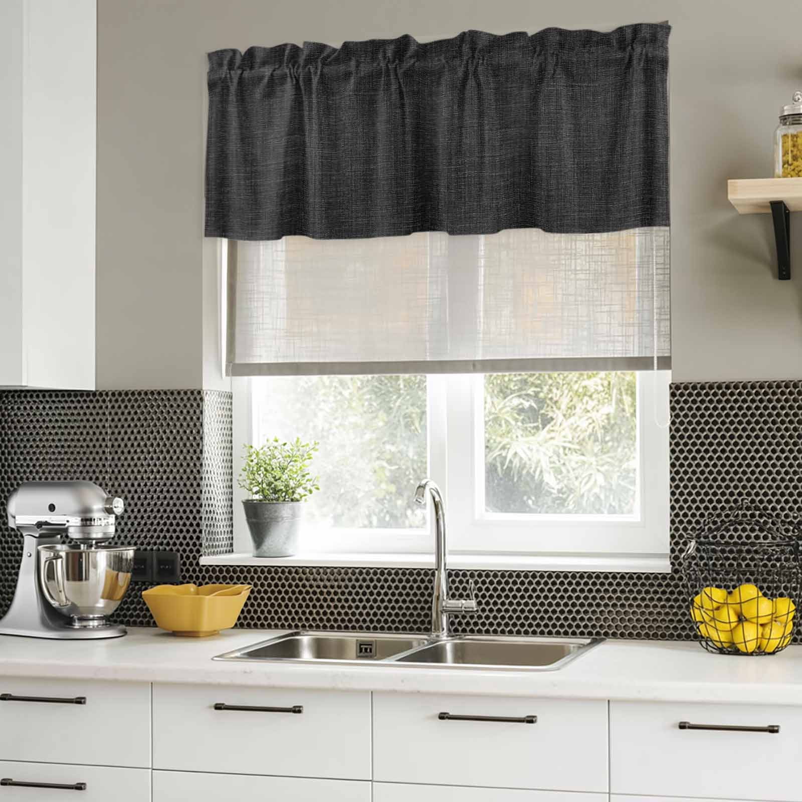 Valances for Windows, Black Burlap Texture Kitchen Curtains Valances 2 Pack for Living Room Bedroom Bathroom, Farmhouse Vintage Black Light Filtering Curtains Rod Pocket Valance 60"x18"