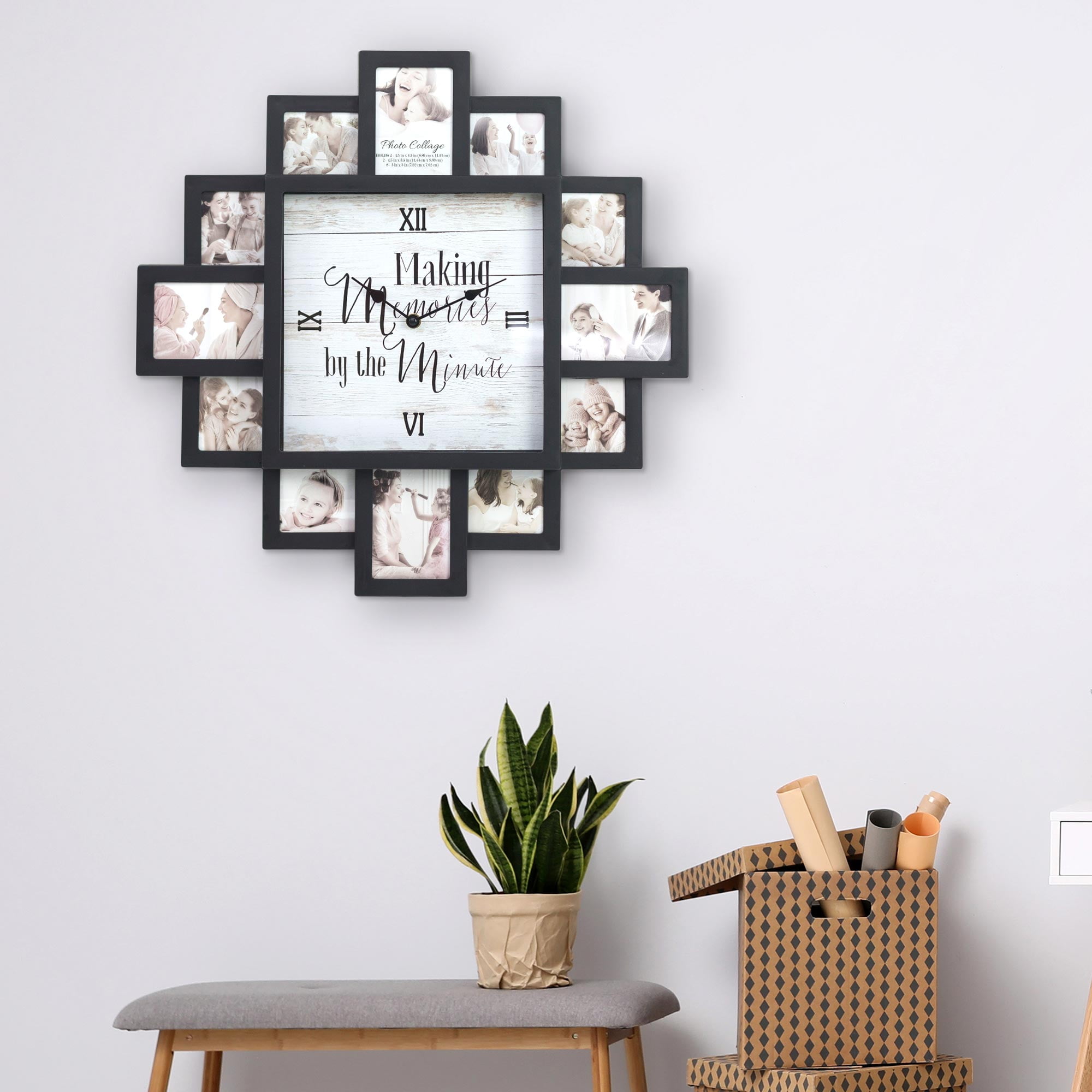 Black Picture Frame Photo Collage Clock - 12 Slots, Farmhouse Wall Decor, Wall Clock for Living Room, Bedroom, Kitchen, Office (Memories, 20"x20")
