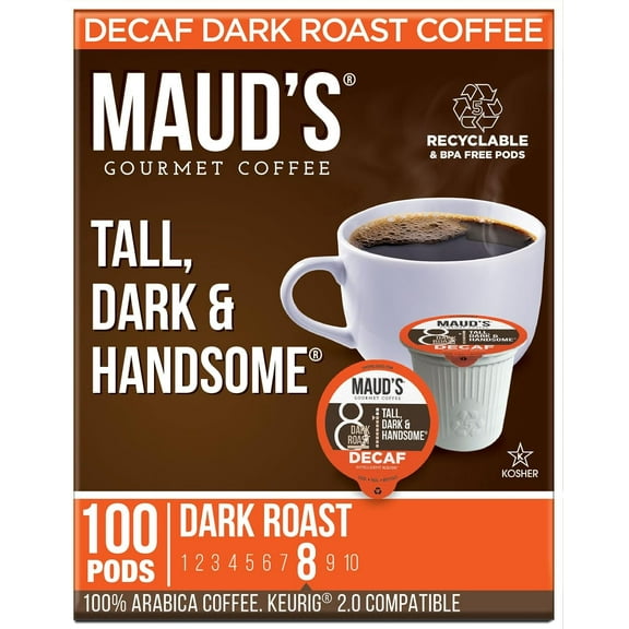 Maud's Decaf Dark Roast Coffee Pods, 100 ct | Decaffeinated Tall, Dark & Handsome Blend | 100% Arabica Dark Roast Coffee | Solar Energy Produced Recyclable Pods Compatible with Keurig K Cups Maker