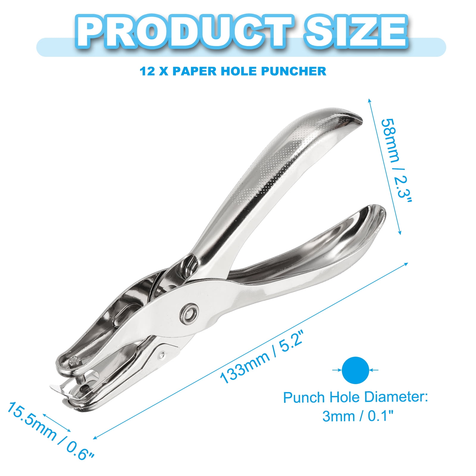 Uxcell 1/8" Single Hole Punch, 12 Pack Handheld Hole Puncher Metal Paper Puncher for Tag DIY Craft Scrapbook Ticket, Silver
