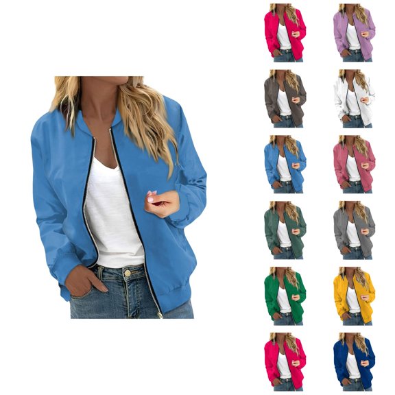 Bomber Jacket Women Long Sleeve Casual Plain Zip Up Jackets with Pockets Lightweight Fall Coat Outerwear