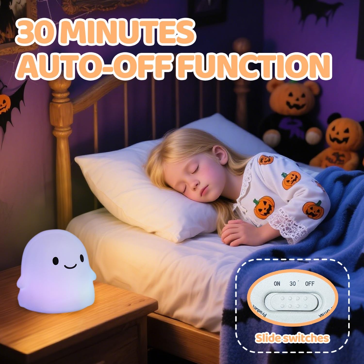 Halloween Ghost Night Light, Color-Changing & 50-Hour Battery, Spooky-Cute Squishy Lamp for Kids, USB Rechargeable with Timer, Halloween Decor & Gifts
