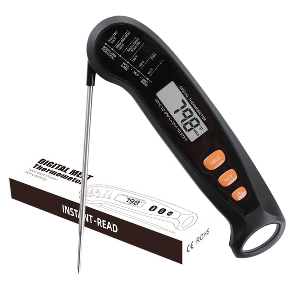FORICOM Waterproof Digital Instant Reading Meat Thermometer with Folded Probe Calibration for Cooking Food Confectionery, Barbecue, Liquids, Beef (Black)