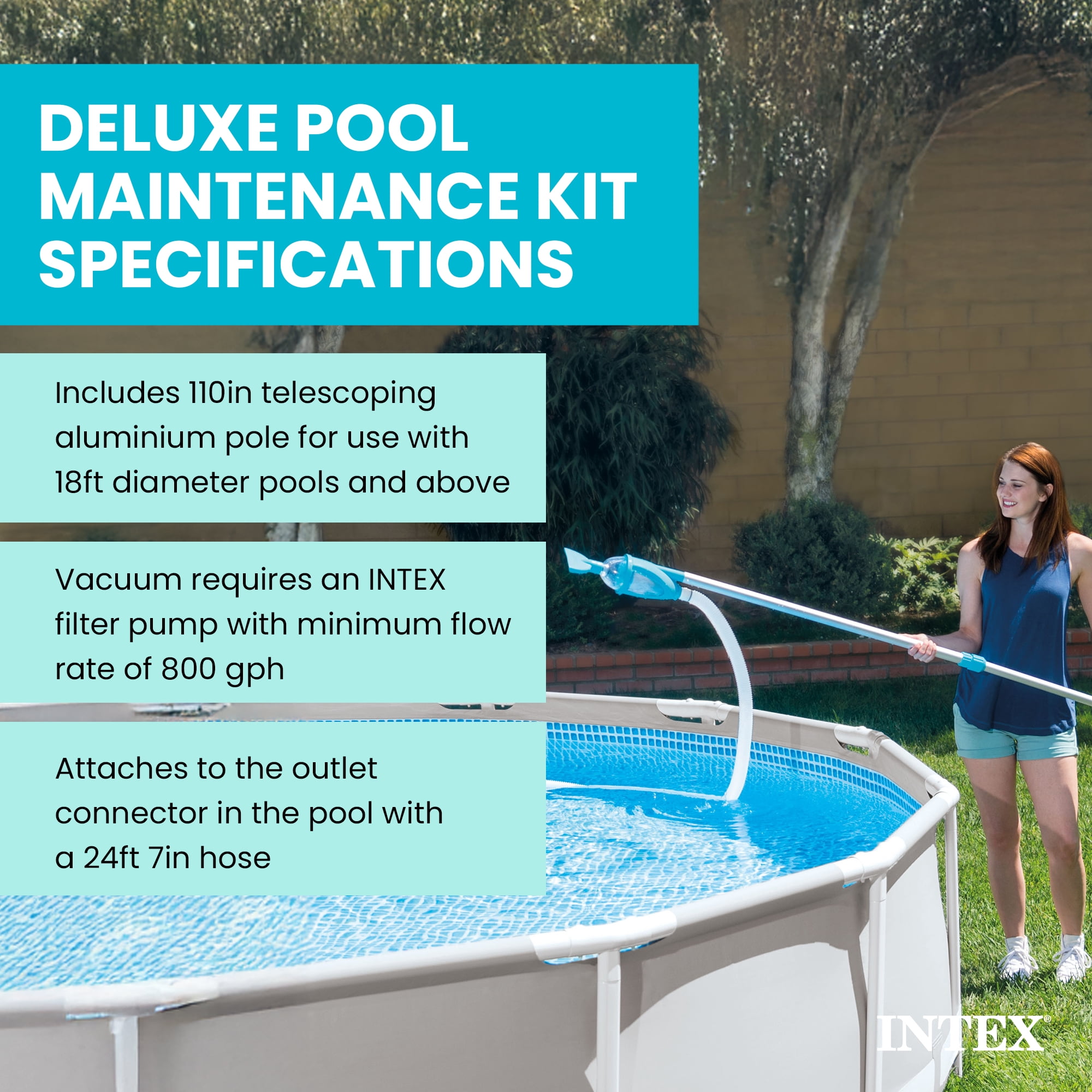 Intex: Deluxe Pool Cleaning Maintenance Kit - (28003E), Vacuum Sucks Debris, Mesh Skimmer Net, 110" Telescoping Aluminum Shaft, Included Wall Brush Attachment, Pool Accessory