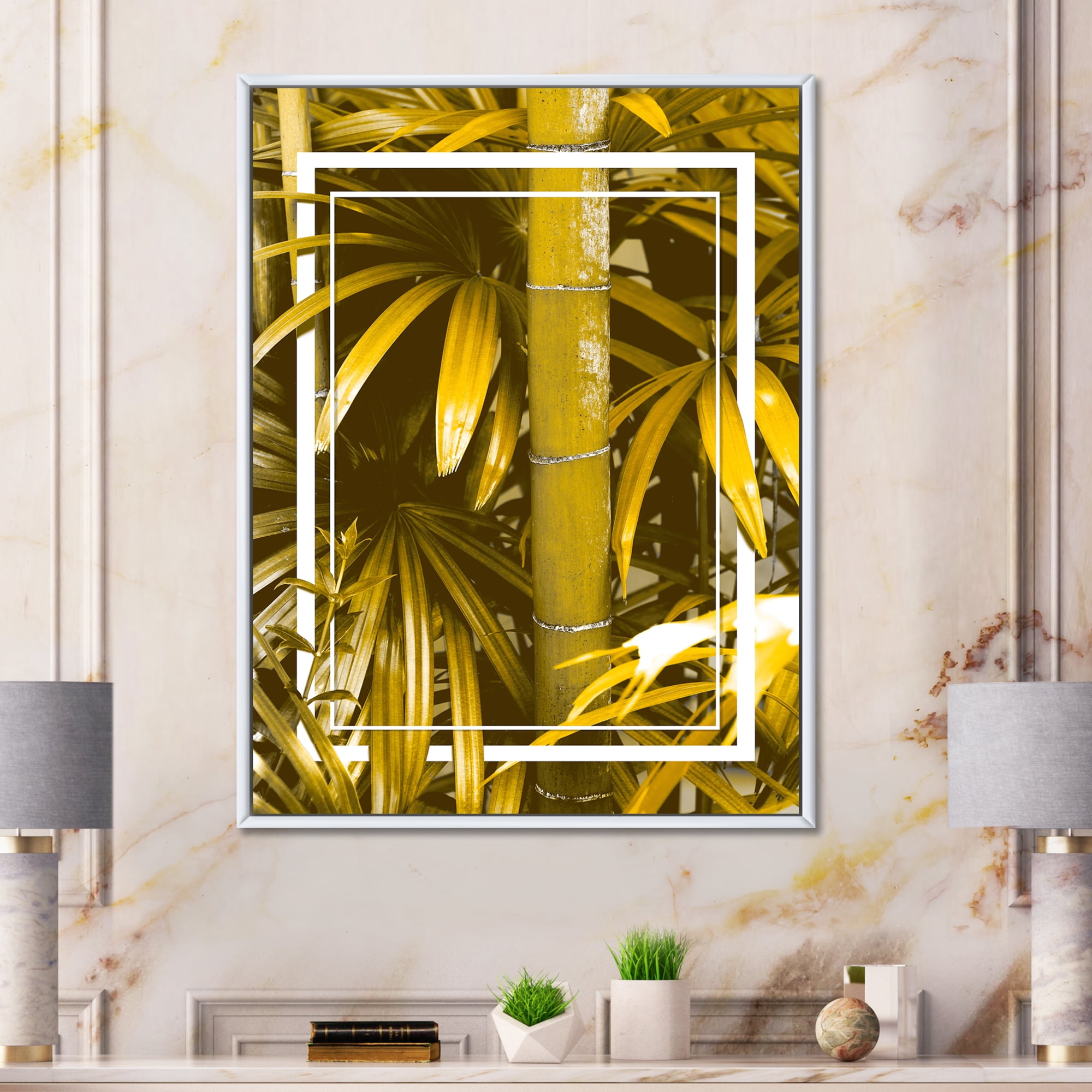 Designart 'Tropical Leaves and Yellow Bamboo' Tropical Framed Canvas Wall Art Print