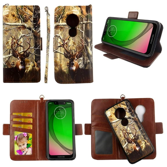 Camo Deer Case for Moto G7 Play Revvlry Case, Motorola G7 Optimo Magnetic Detachable Pu Leather Wallet Cover Flap Closure Cases Card Holders Wrist Strap 2 in 1 Folio Flip Covers