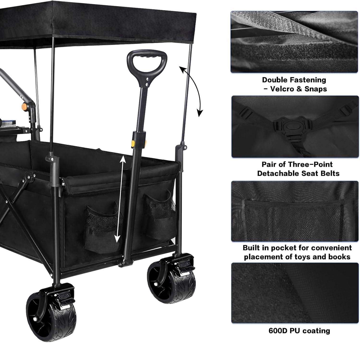 Collapsible Wagon Heavy Duty Folding Wagon Cart with Removable Canopy, 4" Wide Large All Terrain Wheels, Brake, Adjustable Handles, Cooler Bag Utility Carts for Outdoor Garden