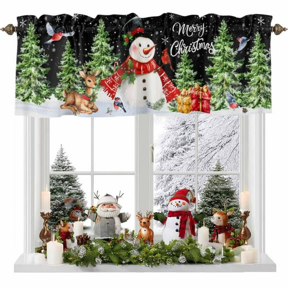 Rod Pocket Window Valances Winter Snowman Snowflake Short Kitchen Curtains Christmas Tree Elk Bird Window Treatment Drapes for Bedroom Bathroom Living Room 54x18In,1 Panel
