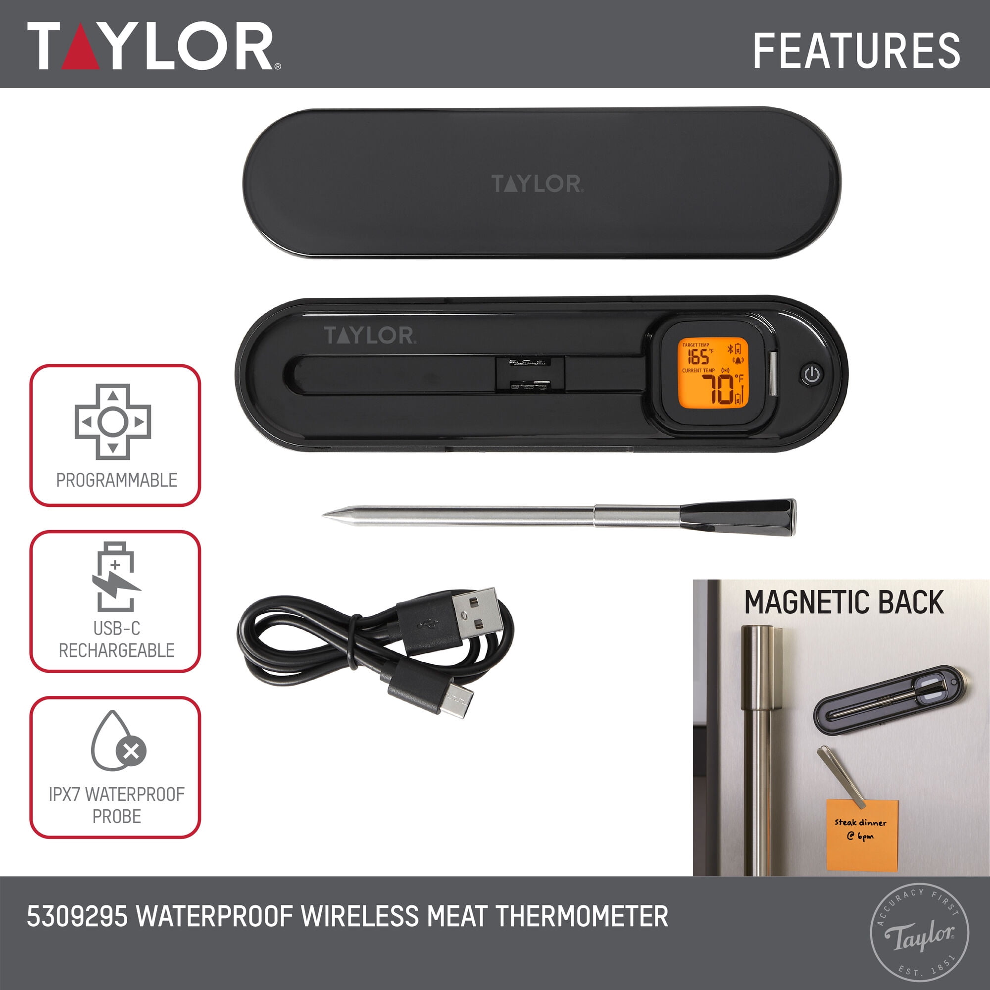 Taylor Waterproof Bluetooth Digital Wireless Grill and Meat Thermometer with Smart Probe Black