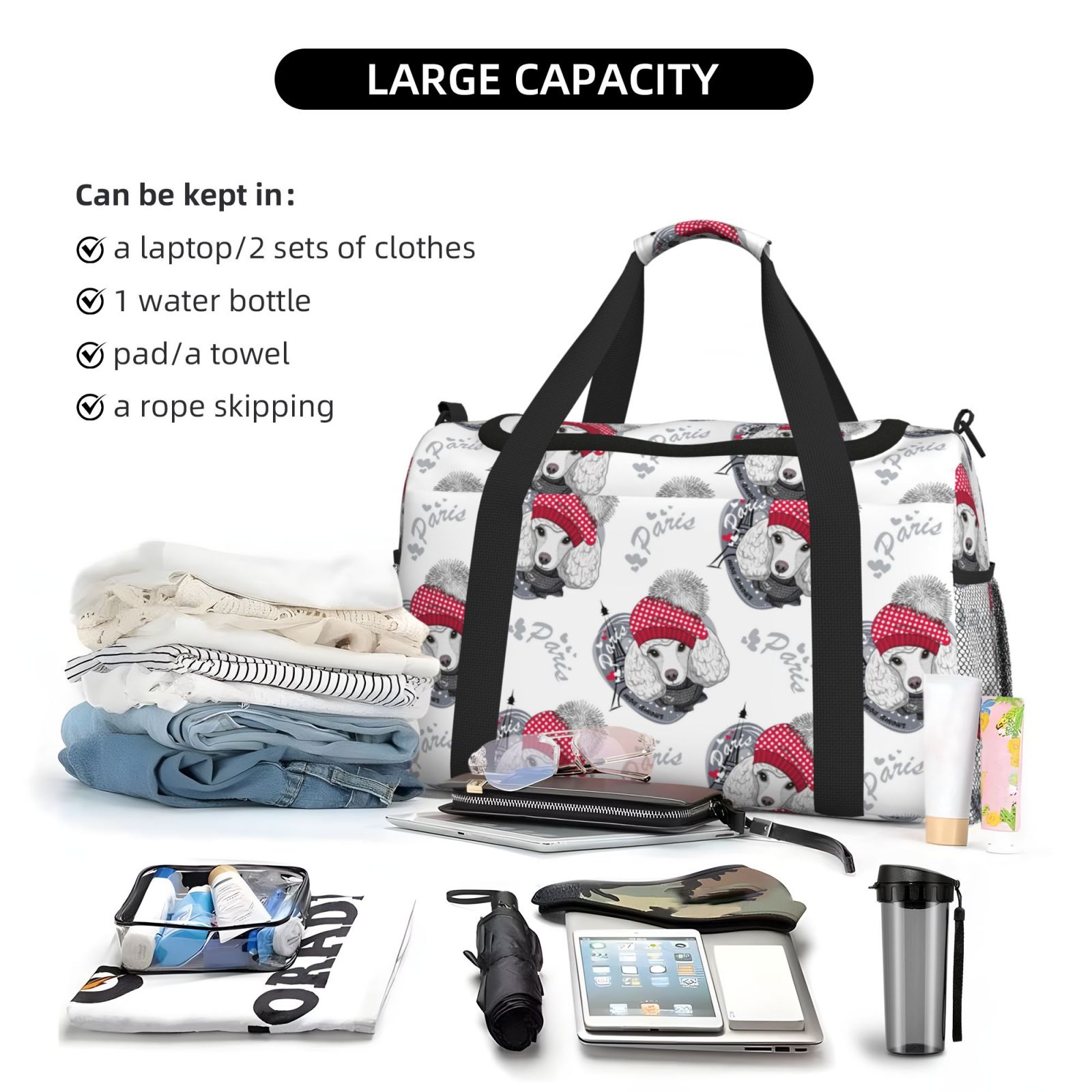 Fuzoiu Cute Poodle Dog Print Travel Duffle Bag,Carry On Tote Bags,Duffel Bag,Sport Gym Bag, Hospital Bag for Labor and Delivery, Overnight Bag,Luggage Bag