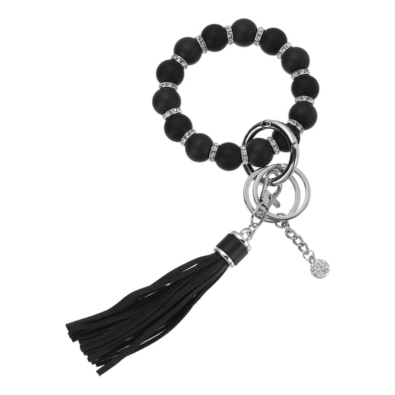 Uxcell Silicone Wristlet Keychain, Cute Beaded Wristlet Keychain Car Key Ring with Leather Tassel for Women, Black