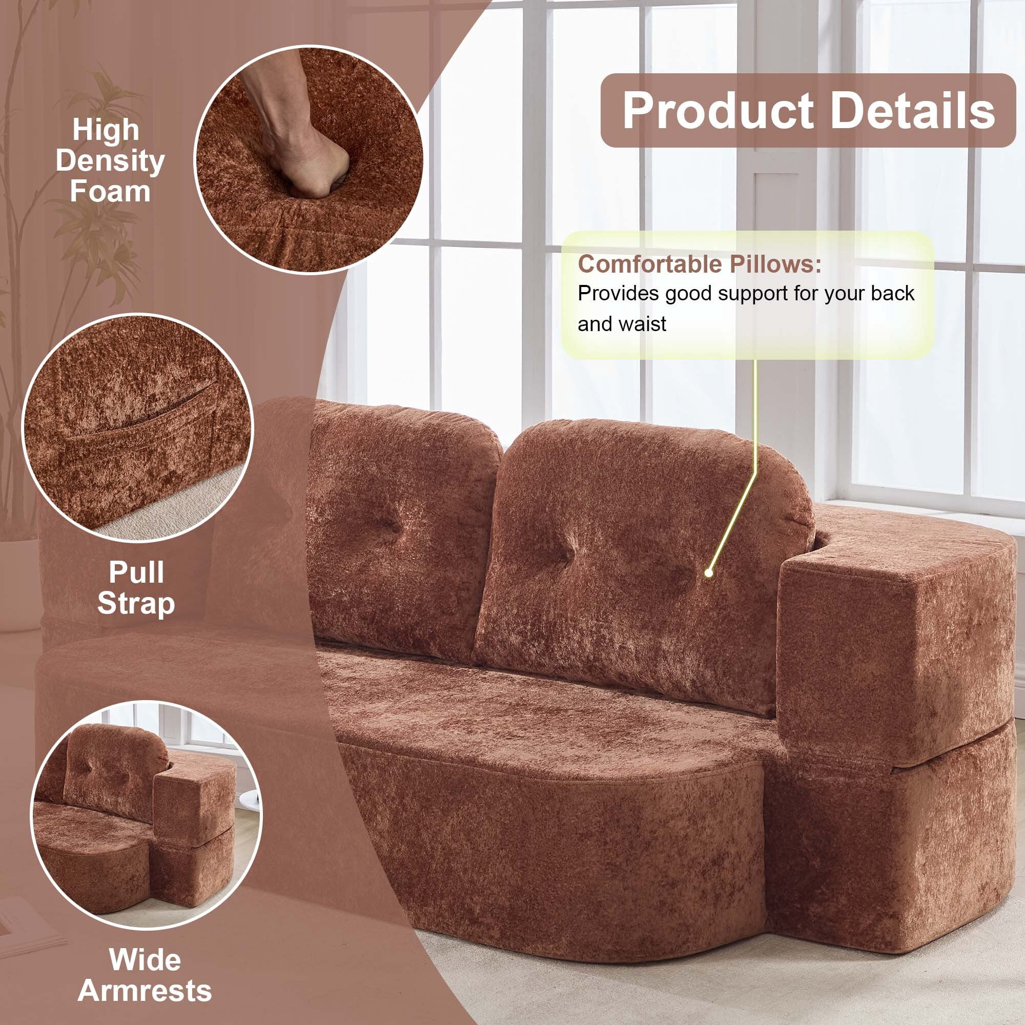 GNIXUU 78.7" W Boneless Cloud Loveseat Sofa, 2 in 1 Convertible Floor Folding Couch Bed Furniture, No Assembly Compressed Comfty Foam Lounge Sleeper for Apartment Office Bedroom Living Room