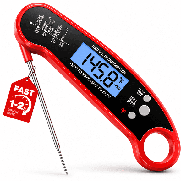 Amumu Digital Meat Thermometer, Instant Read Food Thermometer with Foldable Probe, IP67 Waterproof Cooking Thermometer for Grilling BBQ Smoker Air Fryer, Red