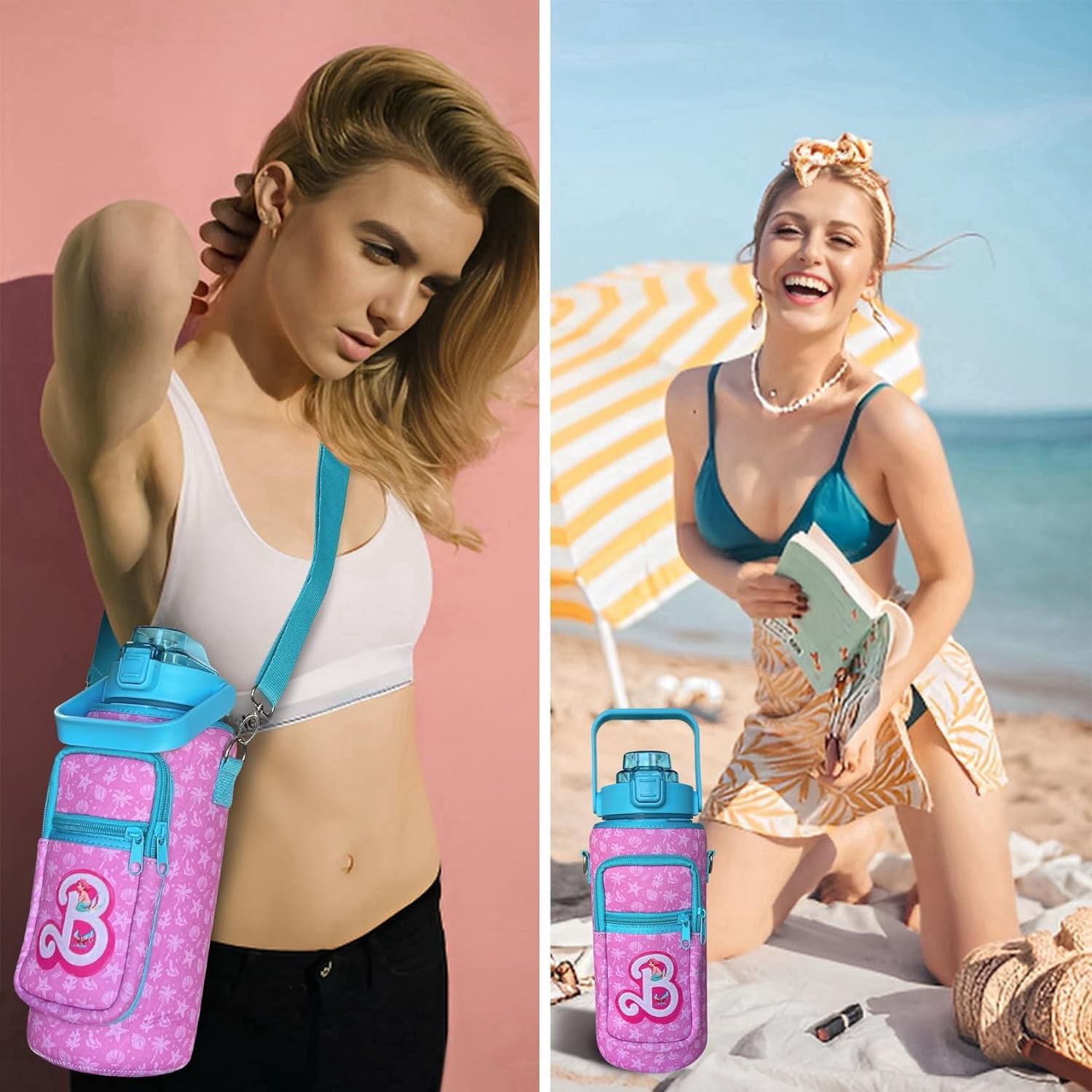 64 oz Water Bottle with Straw and Storage Sleeve - Half Gallon Water Bottle for Gym Women and Outdoor Activities, Gym Gifts for Women