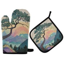 Yayeee Oven Mitts and Pot Holder Set of 2 Heat Resistant Kitchen Gloves Baking Hot Pad, Pine Tree Rainbow