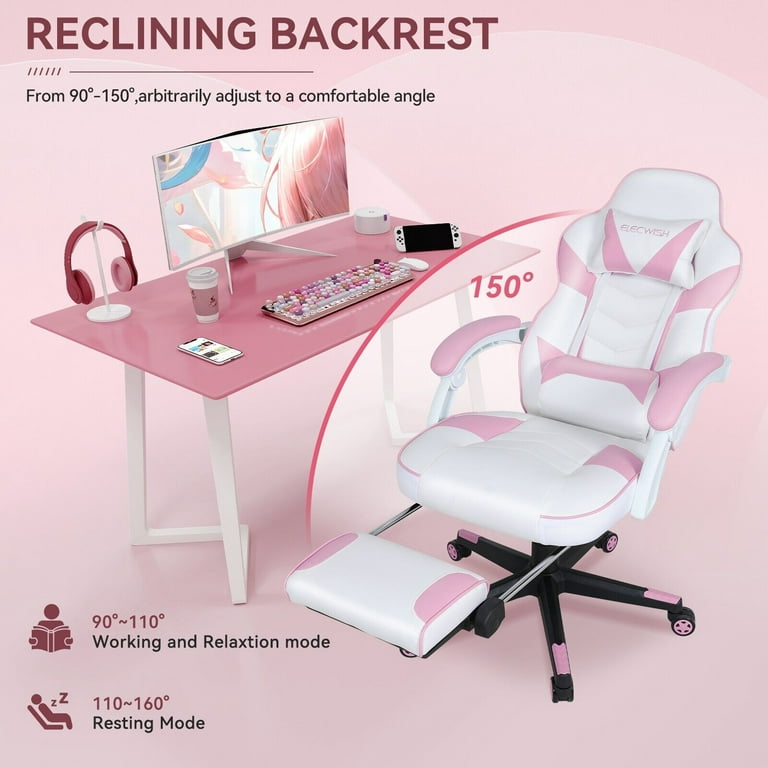 Elecwish Reclining Video Gaming Chair - Computer Gaming Chair with  Footrest, Lumbar Suppport Neck Pillow, PU Leather