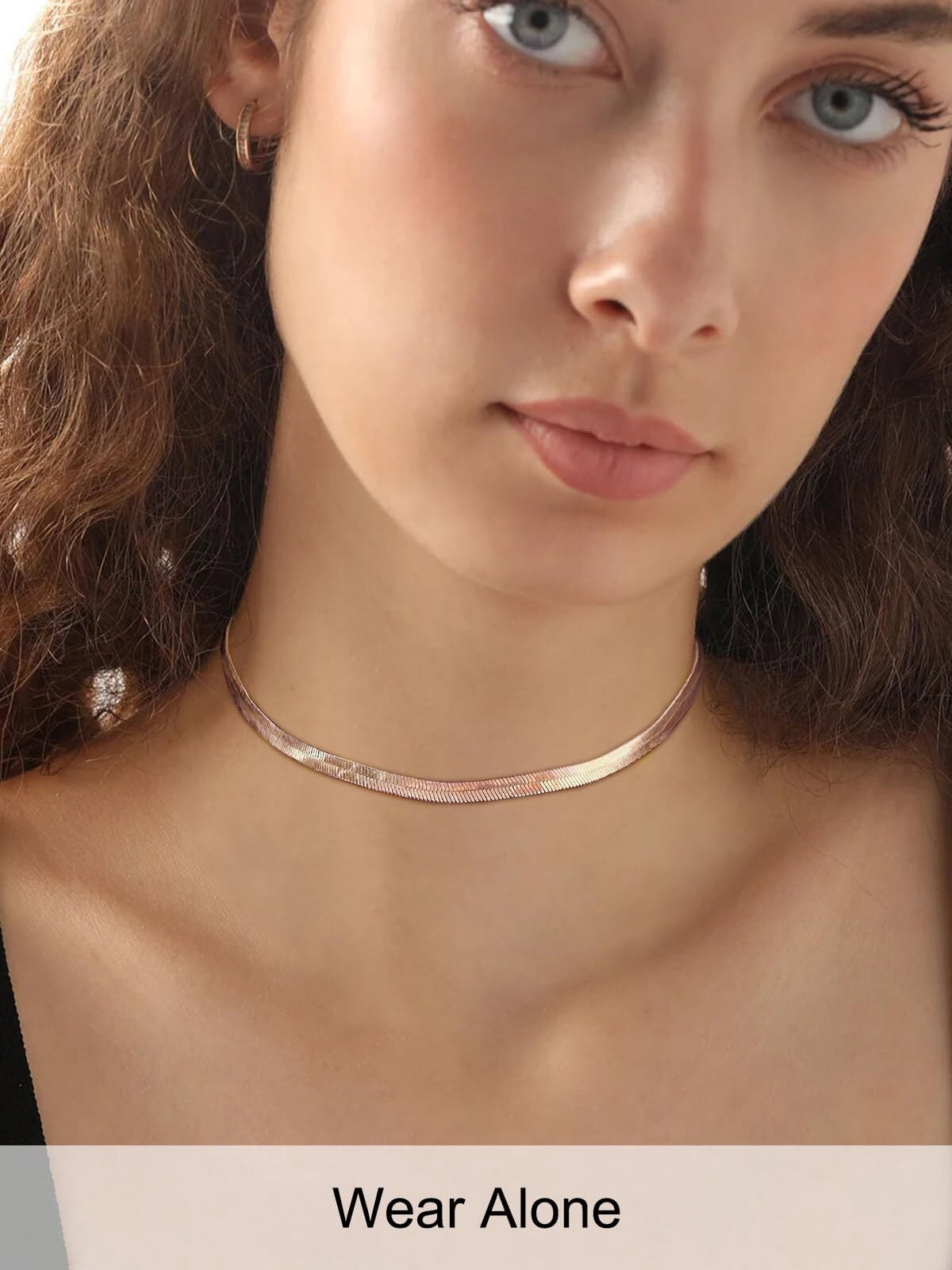 FOCALOOK Flat Snake Chain for Women Stainless Steel Rose Gold Plated Herringbone Choker Necklace Jewelry Girlfriend Birthday Christmas Valentine's Day Gifts 5MM 12 Inches