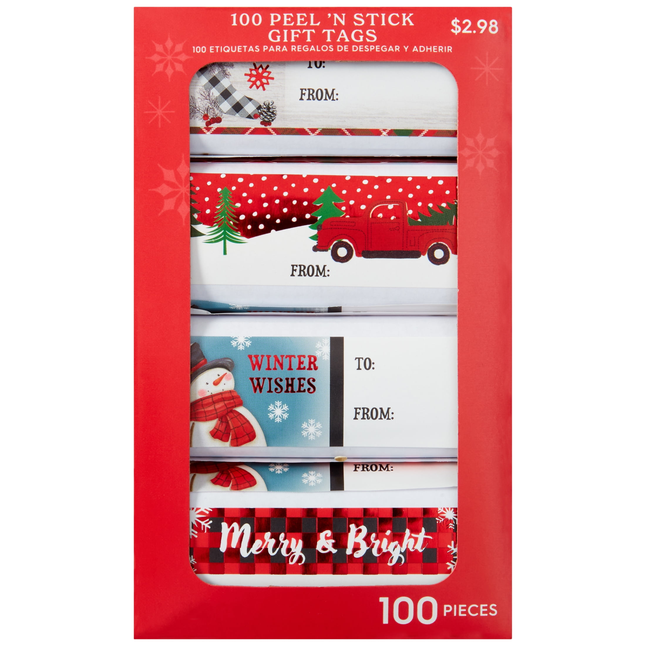 Holiday Time Merry & Bright Christmas Gift Tags, Red, White and Black Peel 'N Stick Labels, 100 Count