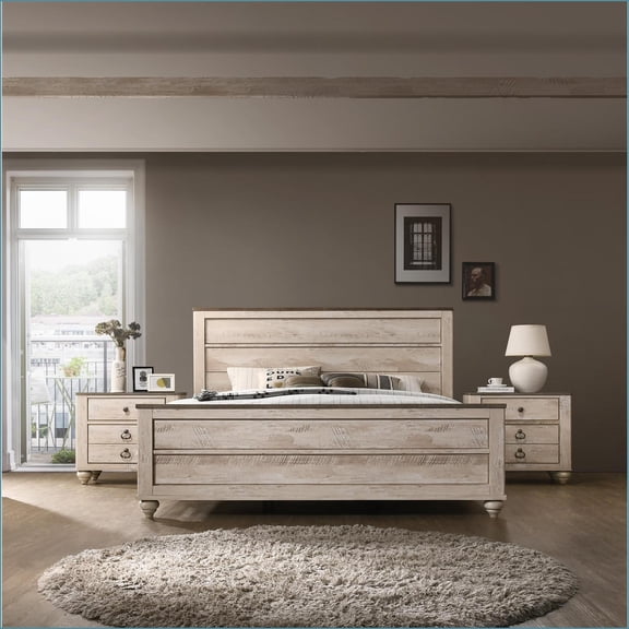 Bedroom Set 3-Piece Queen Bed with 2 Nightstands | Industrial Chic Solid Wood White Wash Finish | Wood | Standard Beds