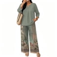 thumbnail image 6 of Vintage Ditsy Floral Print Two Piece Set for Women, 3/4 Sleeve Button Down Top & Wide Leg Pants - Retro Boho Casual Lounge Outfit with Flowy Trousers Army Green L, 6 of 7
