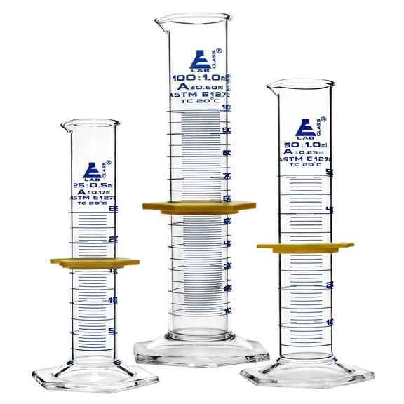 Premium Graduated Cylinder Set - 25mL, 50mL & 100mL - ASTM,  Class A - Protective Collars, Hexagonal Base - Blue Graduations - Borosilicate 3.3 Glass - Eisco Labs
