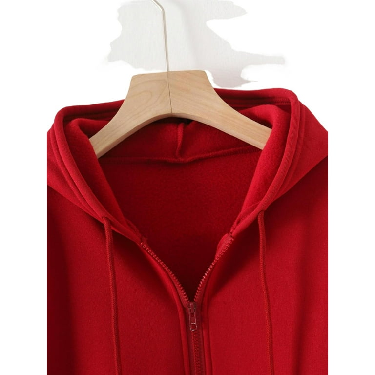 Casual Plain Hooded Zip Up Long Sleeve Red Women Sweatshirts