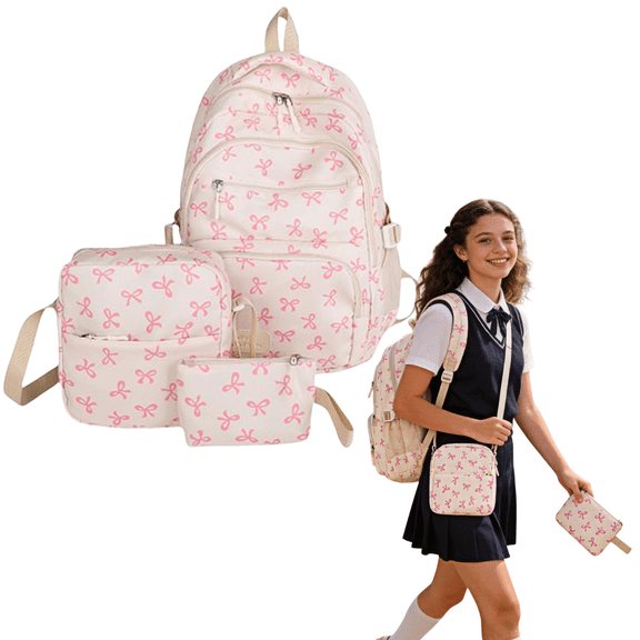 3 PCS Pink Cute Bow Backpack, 17-Inch Bookbag for Middle & Elementary School,Backpack for them Ages 6-16
