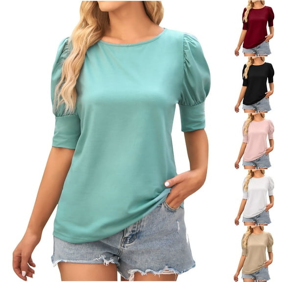 YHAJDS Womens Short Sleeve Tshirts Top for Women Short Sleeve Shirt Short Sleeve Round Neck Solid Color Loose Fit Casual Tee