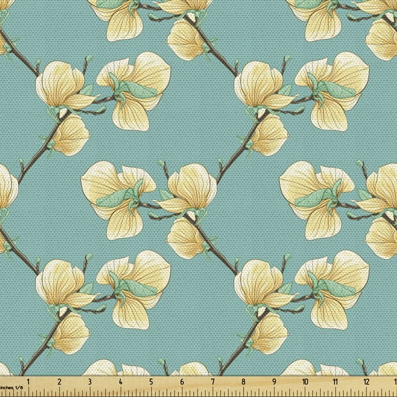 Magnolia Fabric by the Yard Upholstery, Sprouting Flower Twigs Forming Chevron Zig Zag Pattern, Decorative Fabric for DIY and Home Accents, 5 Yards, Pale Green Dark Taupe by Ambesonne
