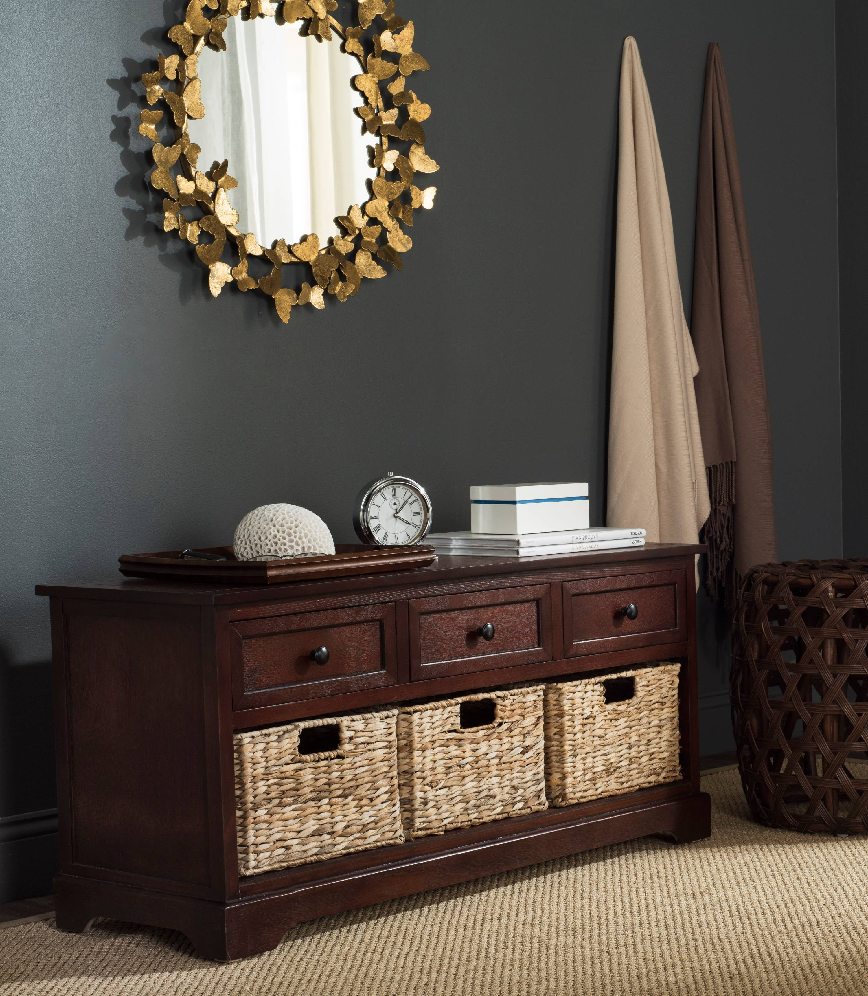 SAFAVIEH Damien Storage Bench with 3 Wicker Baskets and 3 Drawers, Dark Cherry