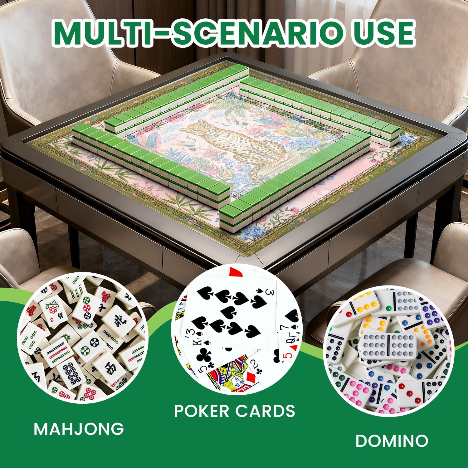 Mahjong Mat 31.5" x 31.5" Ornate Leopard Tropical Foliage Cranes Birds Floral Pink Green Non-Slip Noise Reduction American Mahjong Tiles Table Cover for Dominoes Poker Card Board Games Gift