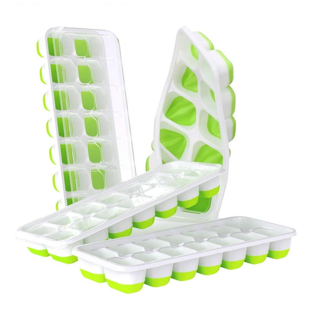Molde de silicona para cubitos de hielo, paquete de 4, bandeja para cubitos de hielo con tapa, 56 cubitos de hielo, fácil de quitar, bandeja para cubitos de hielo sin BPA y certificado Lfgb, hermético Afortunado Sencillez