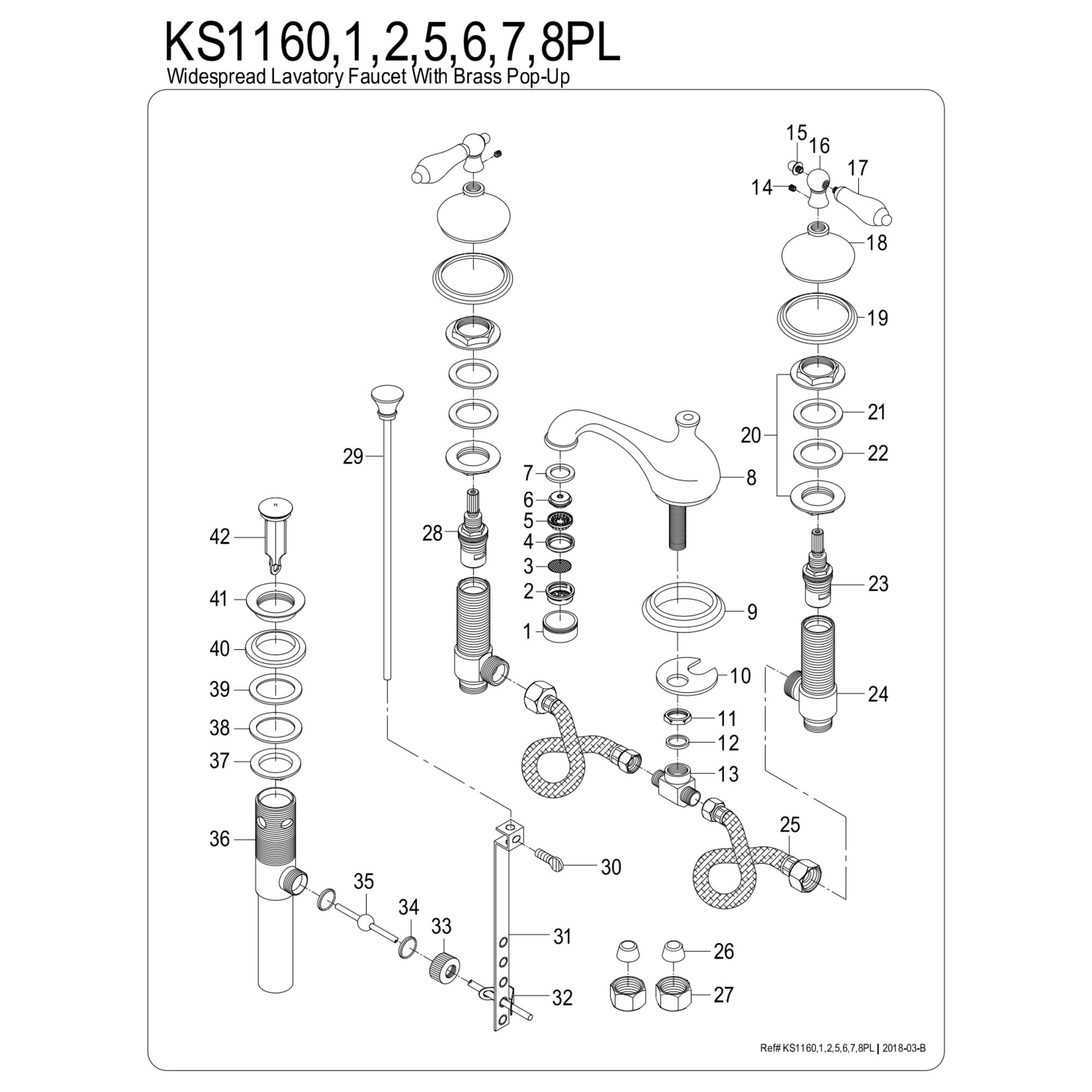 Kingston Brass KS1167PL Heritage Two-Handle 3-Hole Deck Mount Widespread Bathroom Faucet with Brass Pop-Up in Brushed Brass
