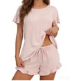 thumbnail image 2 of Women's Pajama Sets Women's Ruffle Sleeve Pajama Set Soft 2-Piece Loungewear Top And Ruffle Hem Shorts Sleepwear Pink S, 2 of 6