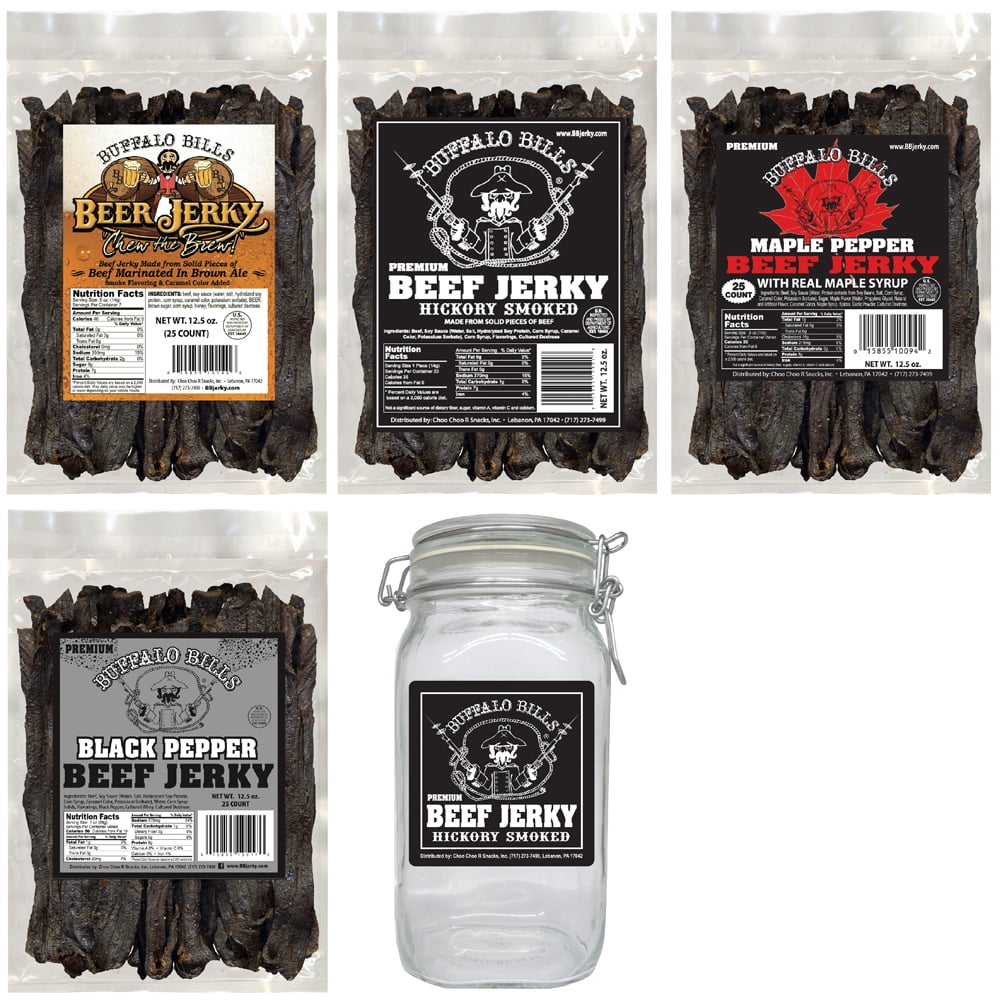 Buffalo Bills 5-Piece Assorted Beef Jerky & Glass Jar Gift Tool Bags (4 bags and 1 jar)