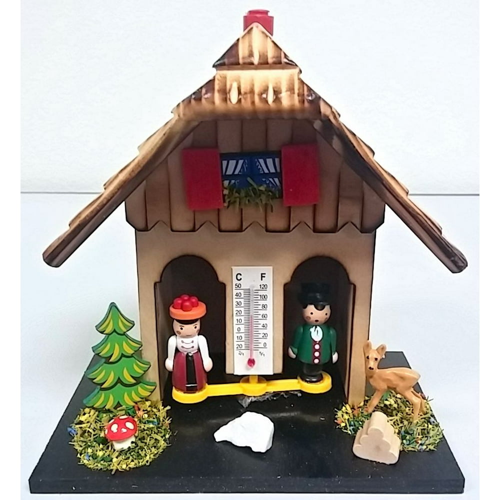 German Weather House with Wooden Couple Thermometer Made in Germany
