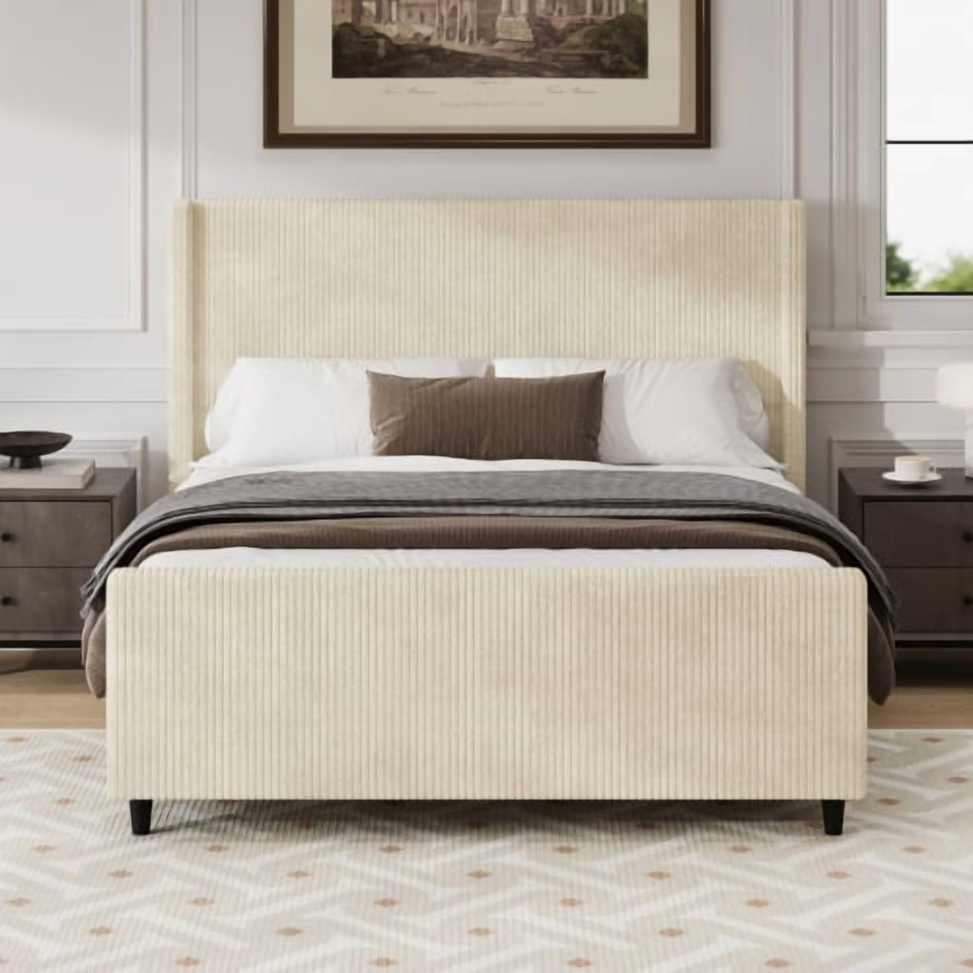 Euroco Corduroy Upholstered King Size Platform Bed with Vertical Stripe Wingback Headboard, Cream