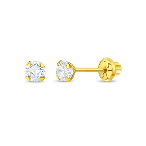 14k Yellow Gold 3mm Clear Cubic Zirconia Prong Set Solitaire Screw Back Earrings